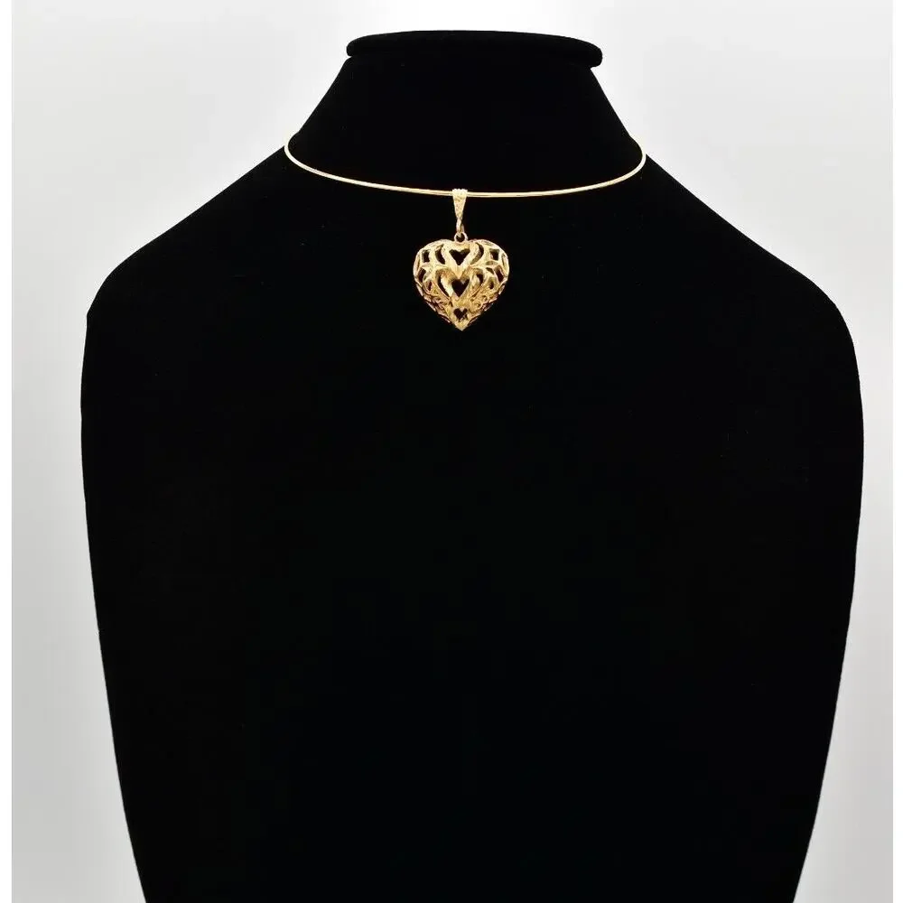 Vintage Collar Choker Necklace Filigree Heart Puffy Pendant Chunky 1980s BinA17